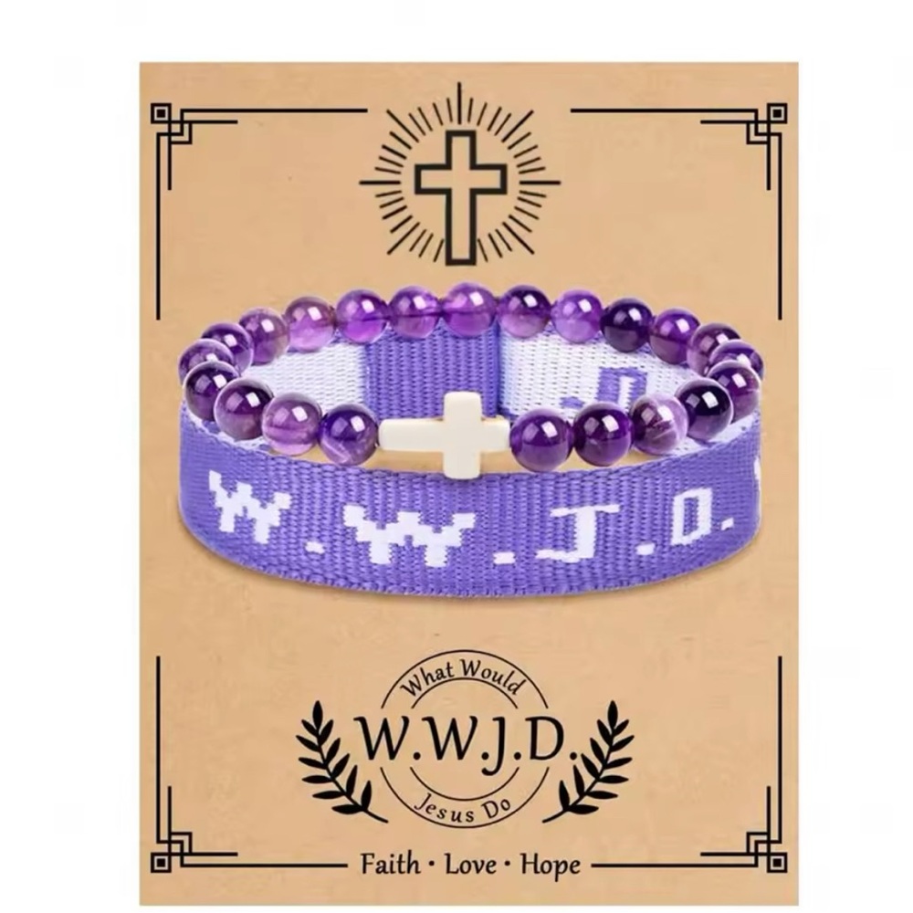 Purple Beaded Bracelet and WWJD Purple Stacking Bracelet